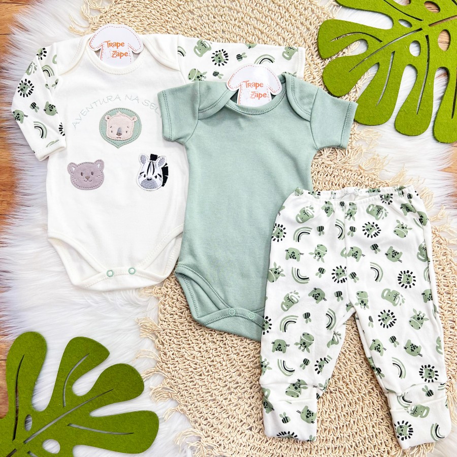  CONJ. DE MALHA 3 PEÇAS - Aventura na Selva - Verde e Off White